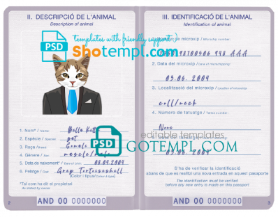 free Andorra cat (animal, pet) passport PSD template, fully editable