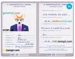 free Andorra dog (animal, pet) passport PSD template, fully editable