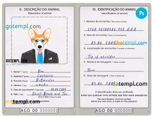 free Angola dog (animal, pet) passport PSD template, fully editable
