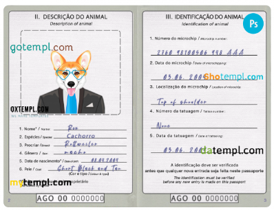 free Angola dog (animal, pet) passport PSD template, fully editable