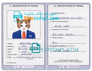 free Antigua and Barbuda cat (animal, pet) passport PSD template, fully editable