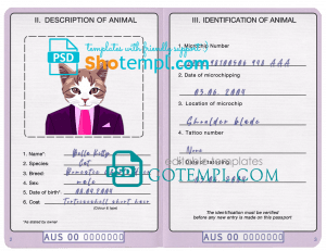 free Australia cat (animal, pet) passport PSD template, fully editable
