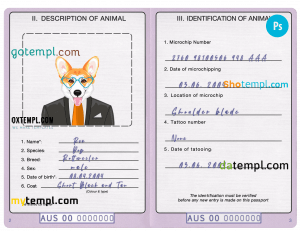 free Australia dog (animal, pet) passport PSD template, fully editable