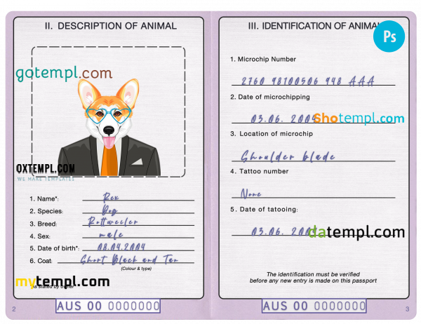 free Australia dog (animal, pet) passport PSD template, fully editable