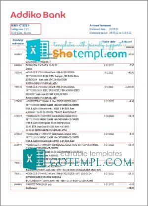 Austria Addiko bank statement template in Excel and PDF format
