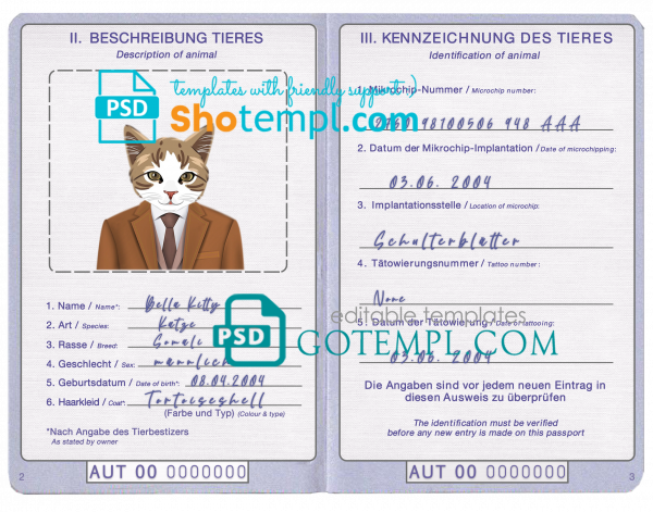 free Austria cat (animal, pet) passport PSD template, completely editable