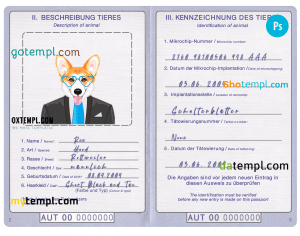 free Austria dog (animal, pet) passport PSD template, fully editable