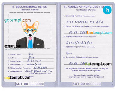 free Austria dog (animal, pet) passport PSD template, fully editable