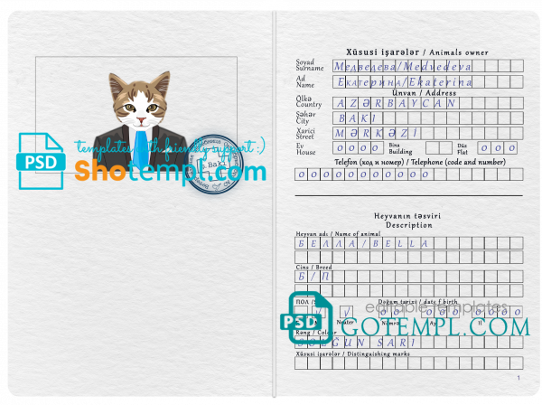 free Azerbaijan cat (animal, pet) passport template in PSD, fully editable