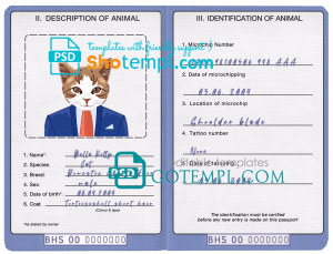 free Bahamas cat (animal, pet) passport PSD template, fully editable