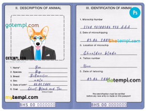 free Bahamas dog (animal, pet) passport PSD template, fully editable