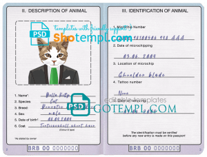 free Barbados cat (animal, pet) passport PSD template, fully editable