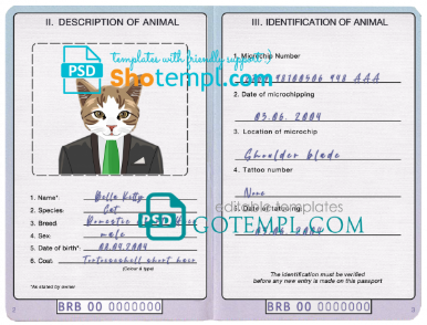 free Barbados cat (animal, pet) passport PSD template, fully editable