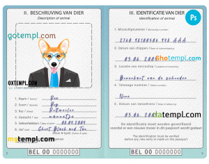 free Belgium dog (animal, pet) passport PSD template, fully editable