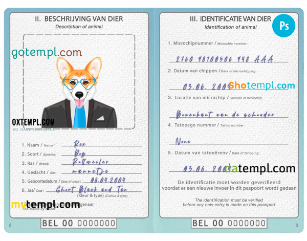 free Belgium dog (animal, pet) passport PSD template, fully editable