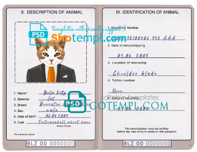 free Belize cat (animal, pet) passport PSD template, fully editable