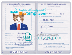 free Bolivia cat (animal, pet) passport PSD template, completely editable
