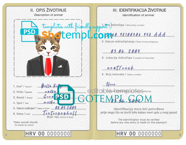 free Bosnia and Herzegovina cat (animal, pet) passport PSD template, fully editable