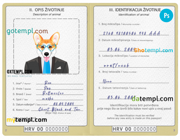 free Bosnia and Herzegovina dog (animal, pet) passport PSD template, fully editable