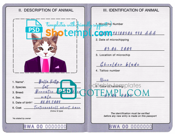 free Botswana cat (animal, pet) passport PSD template, fully editable