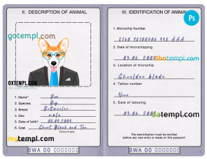 free Botswana dog (animal, pet) passport PSD template, fully editable