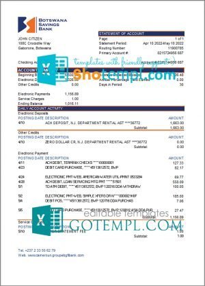 Botswana Savings bank statement template in Excel and PDF format