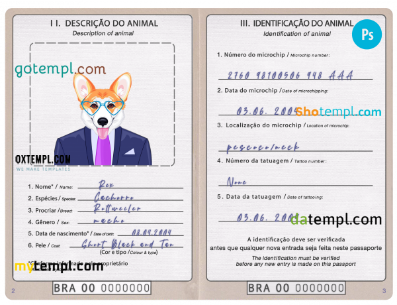 free Brazil dog (animal, pet) passport PSD template, completely editable