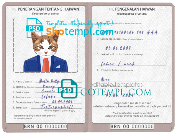 free Brunei cat (animal, pet) passport PSD template, completely editable