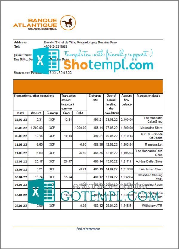 Burkina Faso Banque Atlantique bank statement Excel and PDF template (AutoSum)