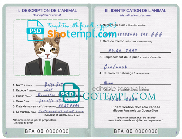 free Burkina Faso cat (animal, pet) passport PSD template, fully editable