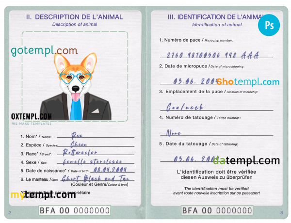 free Burkina Faso dog (animal, pet) passport PSD template, fully editable