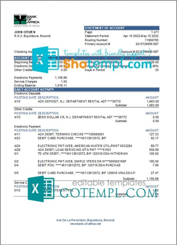 Burundi Bank of Africa bank statement Excel and PDF template (AutoSum)