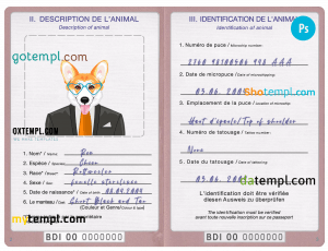 free Burundi dog (animal, pet) passport PSD template, completely editable
