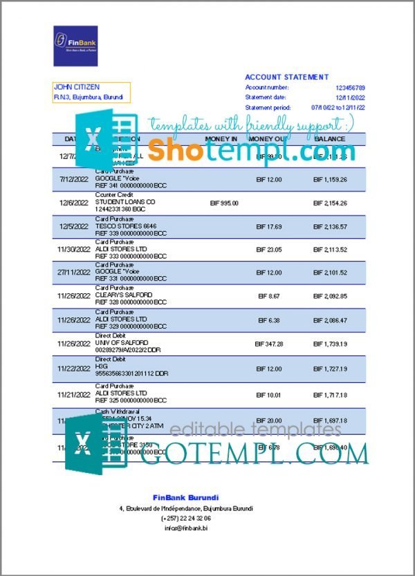 Burundi Finbank bank statement Excel and PDF template, fully editable (AutoSum)