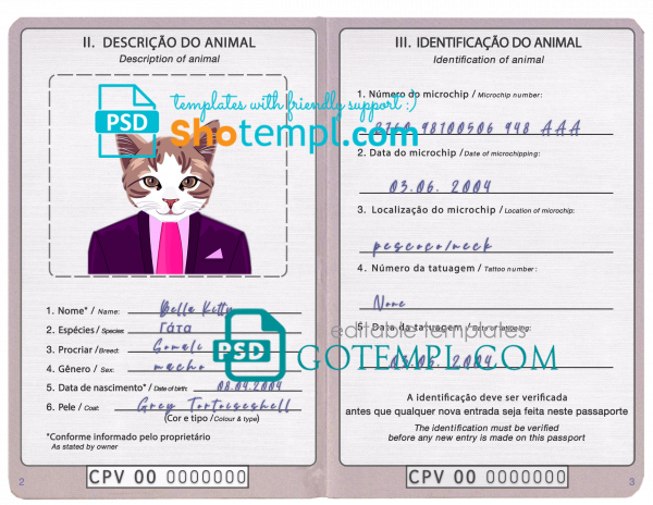 free Cabo Verde cat (animal, pet) passport PSD template, fully editable