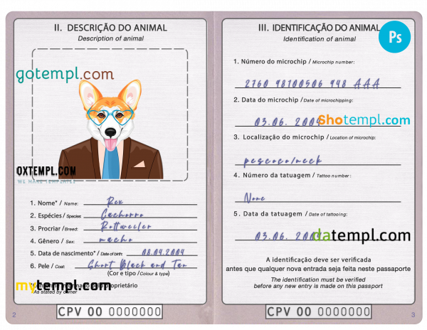 free Cabo Verde dog (animal, pet) passport PSD template, fully editable