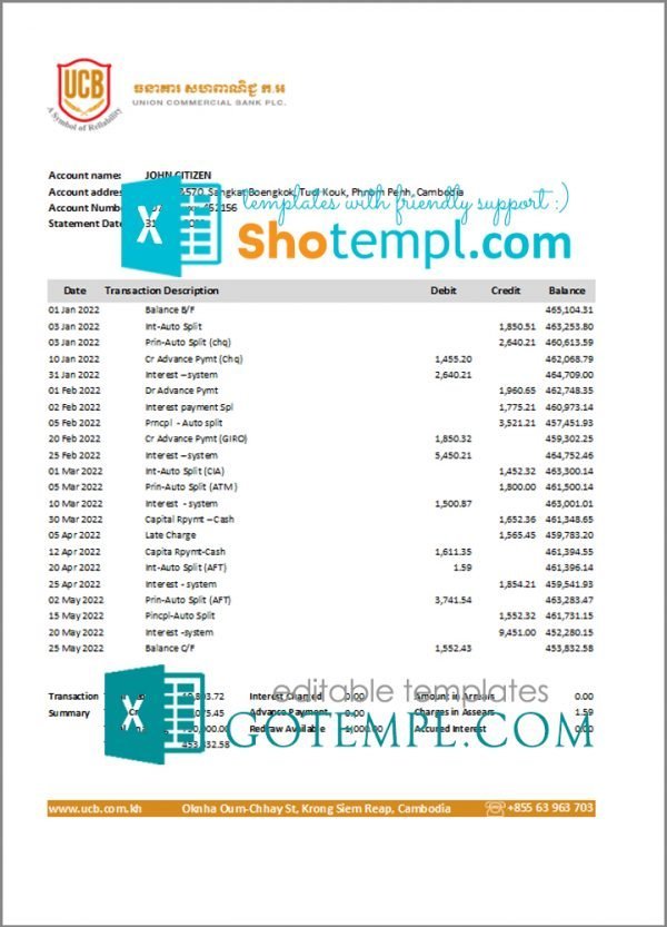 Cambodia Union Commercial bank statement Excel and PDF template, fully editable (AutoSum)