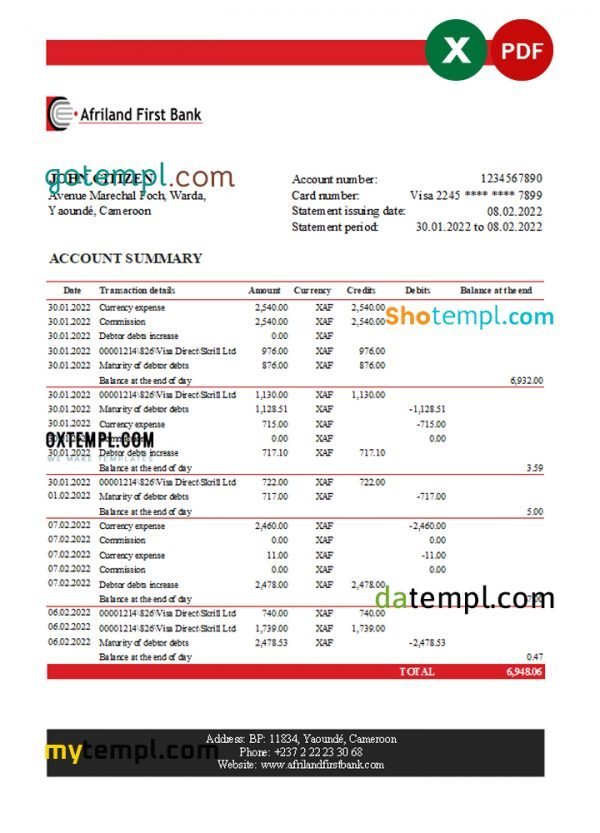 Cameroon Afriland First bank statement Excel and PDF template (AutoSum)