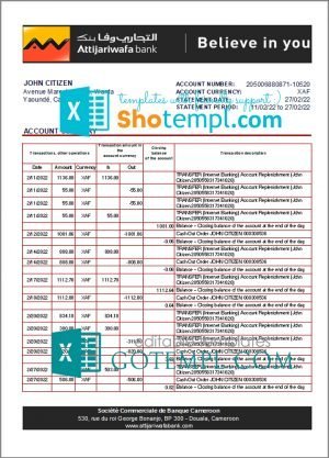 Cameroon SCB bank statement Excel and PDF template, fully editable (AutoSum)