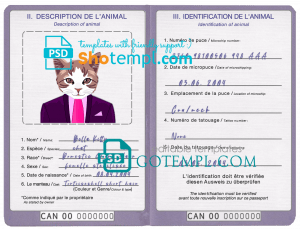 free Canada cat (animal, pet) passport template in PSD format, fully editable