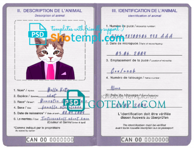 free Canada cat (animal, pet) passport template in PSD format, fully editable