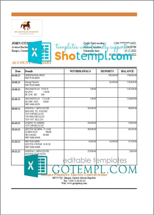 Central African Republic Banque Populaire Maroco Centrafricaine bank statement Excel and PDF template, fully editable (AutoSum)