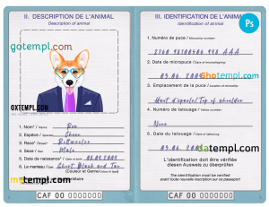 free Central African Republic dog (animal, pet) passport PSD template, fully editable