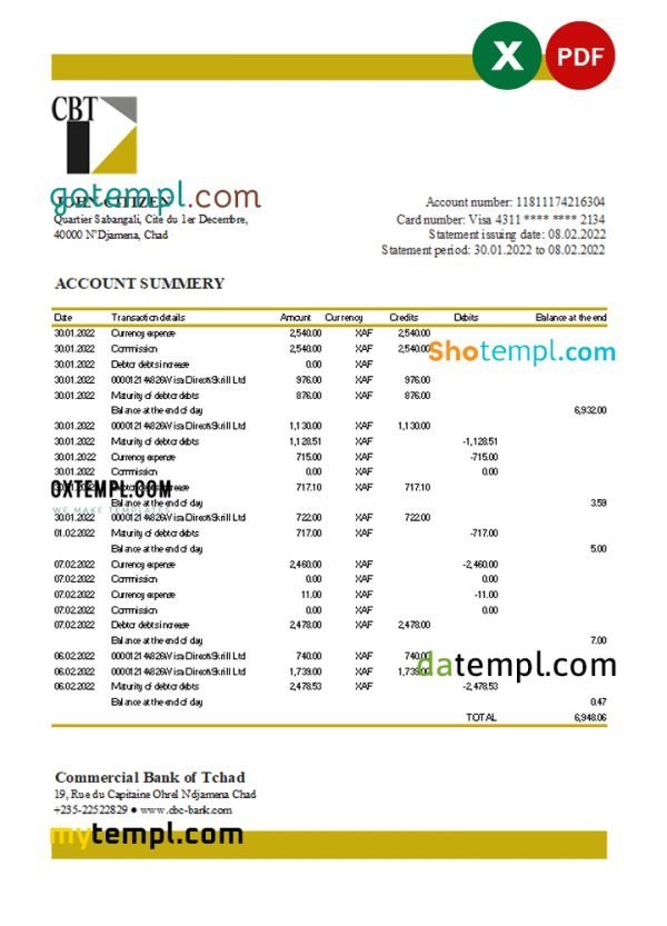 Chad Commercial Bank of Tchad bank statement Excel and PDF template, fully editable (AutoSum)