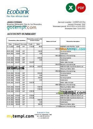 Chad Ecobank bank statement Excel and PDF template, completely editable (AutoSum)