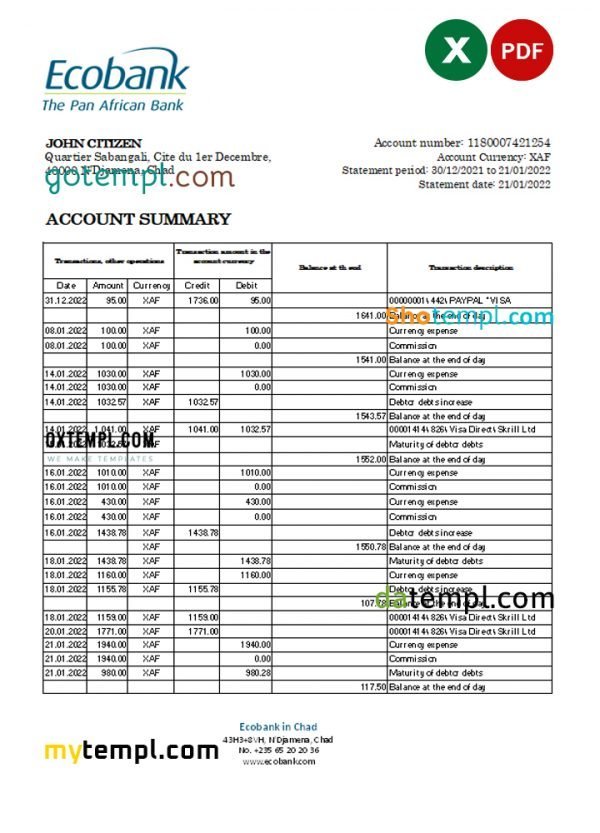 Chad Ecobank bank statement Excel and PDF template, completely editable (AutoSum)