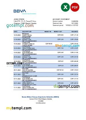 Colombia BBVA bank statement Excel and PDF template (AutoSum)