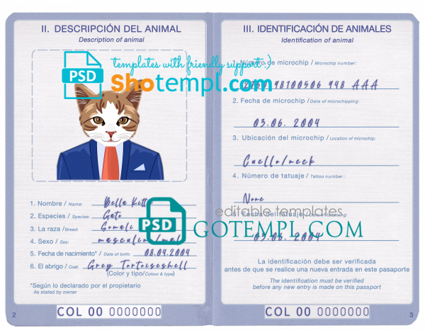 free Colombia cat (animal, pet) passport PSD template, completely editable