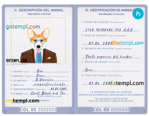 free Colombia dog (animal, pet) passport PSD template, fully editable