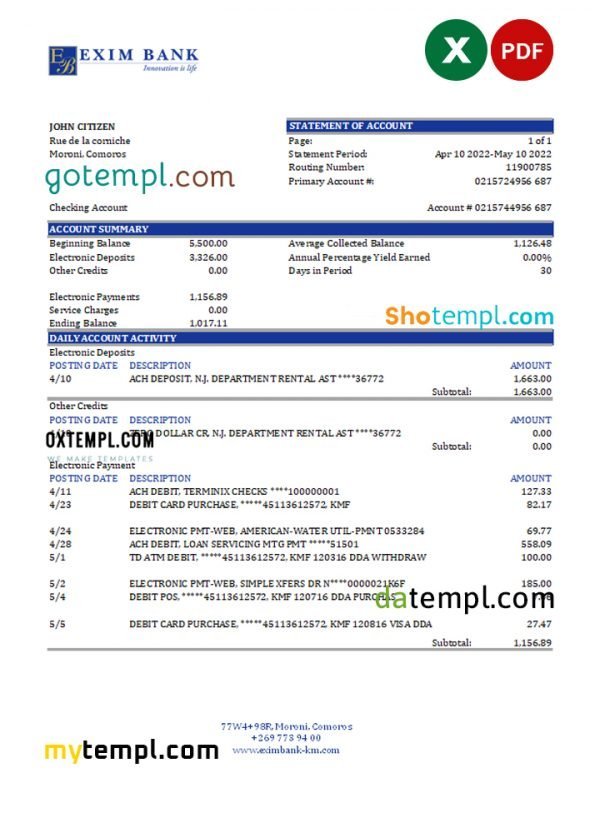 Comoros Exim bank statement Excel and PDF template, fully editable